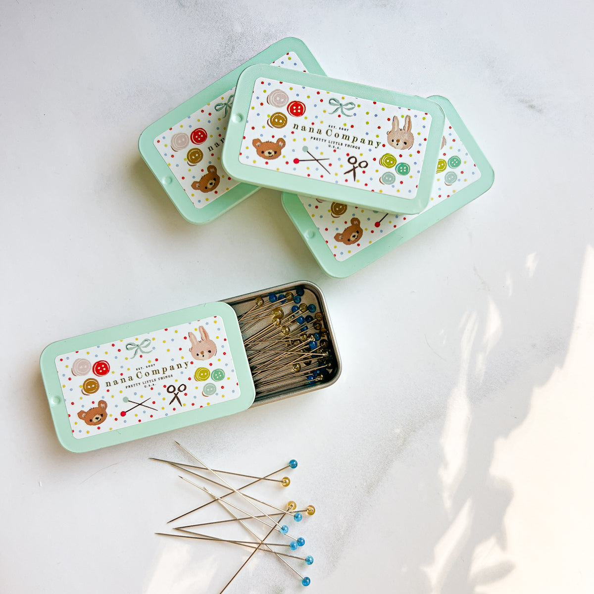 Fine Glass Head Pins -Blue & Clear- in nanaCompany Mint Green Tin