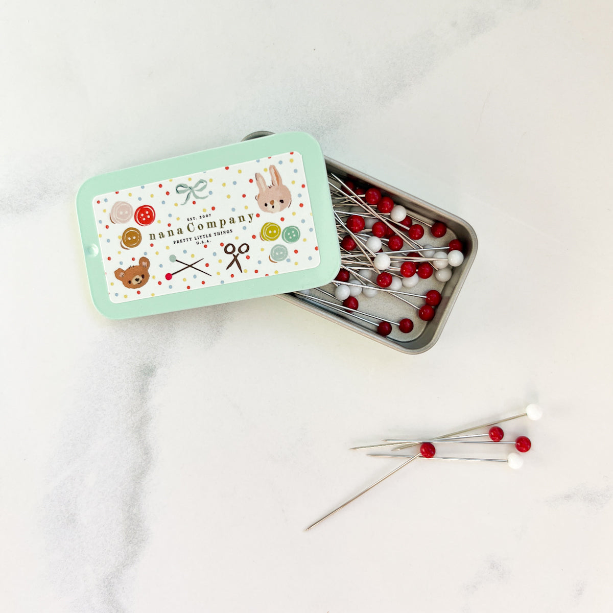 Limited Edition Red & White Fine Glass Head Pins in nanaCompany Mint Green Tin