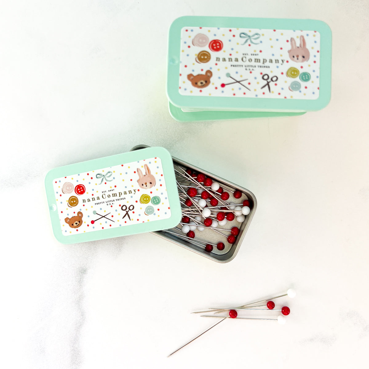 Limited Edition Red & White Fine Glass Head Pins in nanaCompany Mint Green Tin