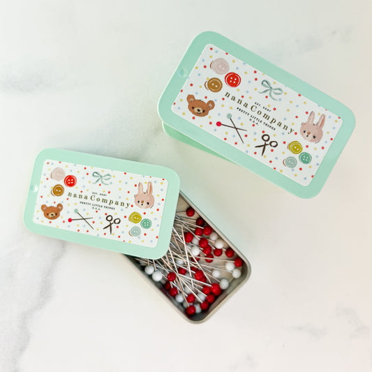 Limited Edition Red & White Fine Glass Head Pins in nanaCompany Mint Green Tin