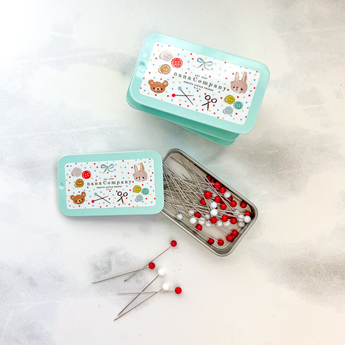 Limited Edition Red & White Fine Glass Head Pins in nanaCompany Mint Green Tin