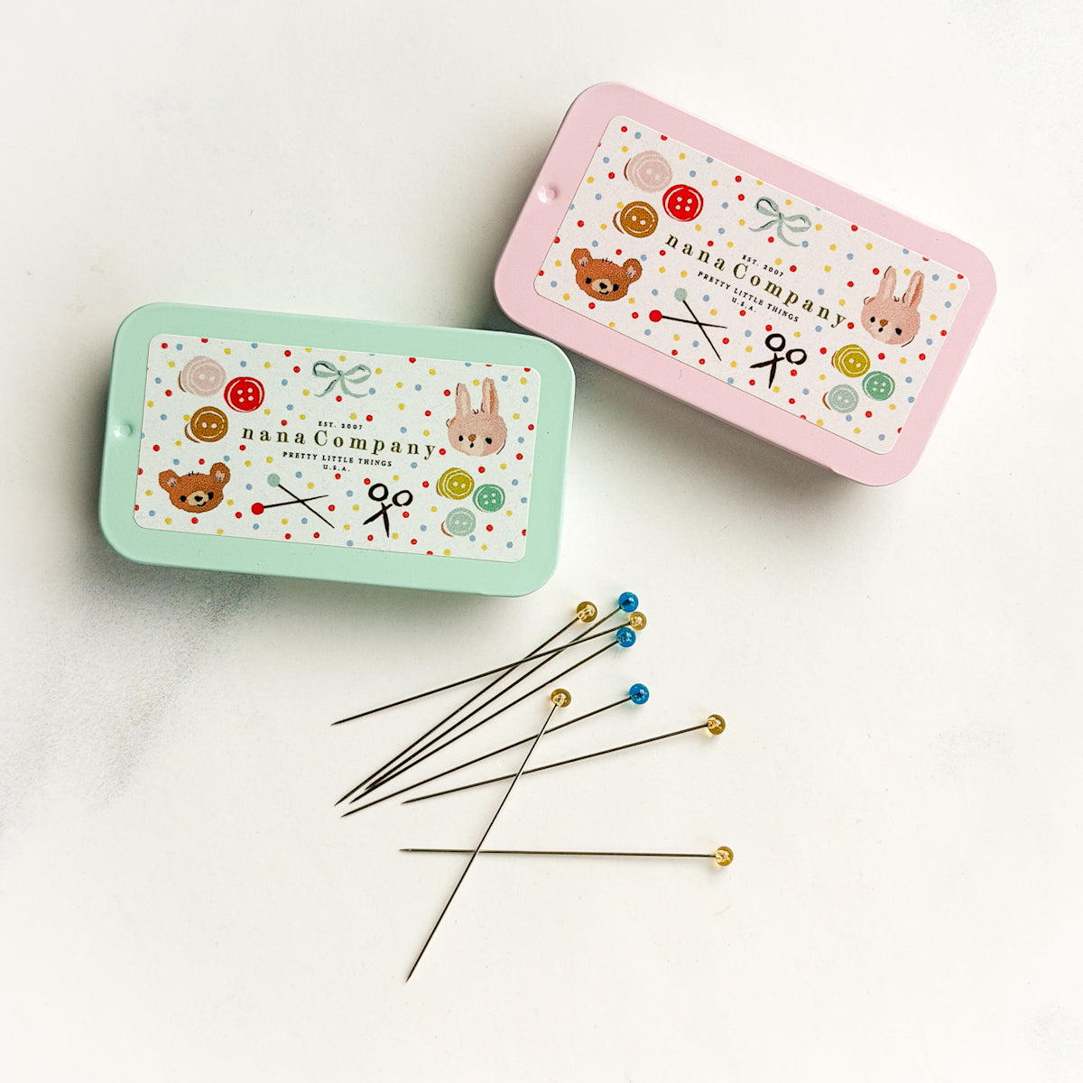 Fine Glass Head Pins -Blue & Clear- in nanaCompany Tin | Choose Color