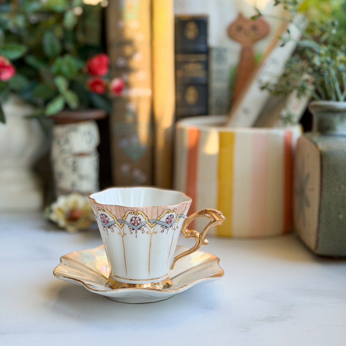 Ornate Demitasse Pink Blue & Gold - Lustreware Saucer at nanaCompany