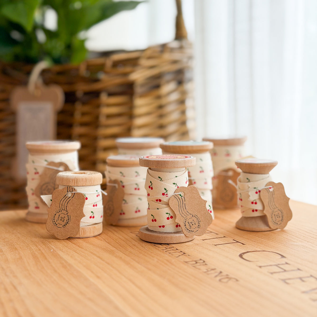 Petite Cherry Printed Cotton Ribbon on a Wood Bobbin | 1 yard