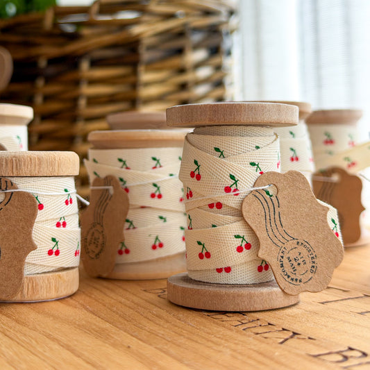 Petite Cherry Printed Cotton Ribbon on a Wood Bobbin | 1 yard