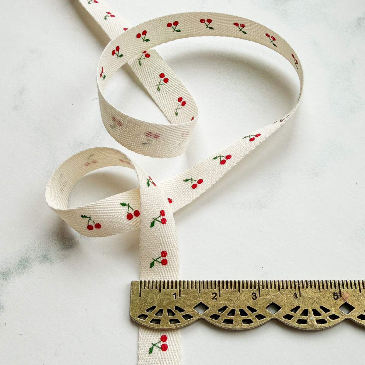 Petite Cherry Printed Cotton Ribbon on a Wood Bobbin | 1 yard