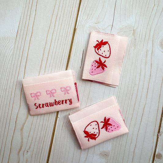 Pink Bow Strawberry woven folded labels | set of 3 labels