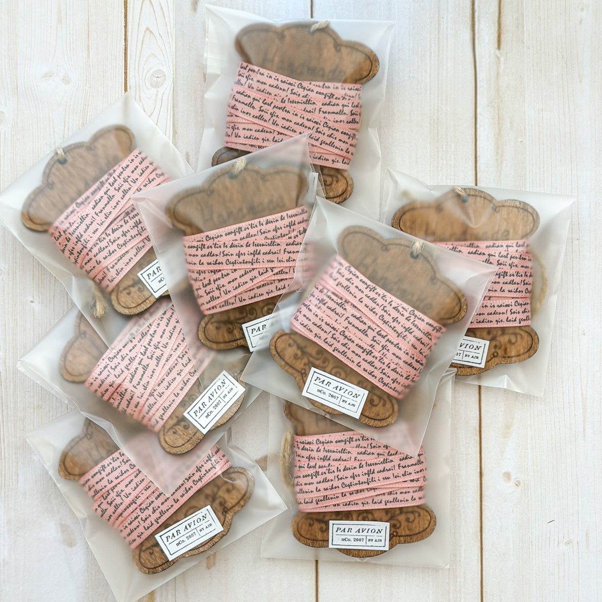 Pink French Script Ribbon on House Wood Bobbin | One yard