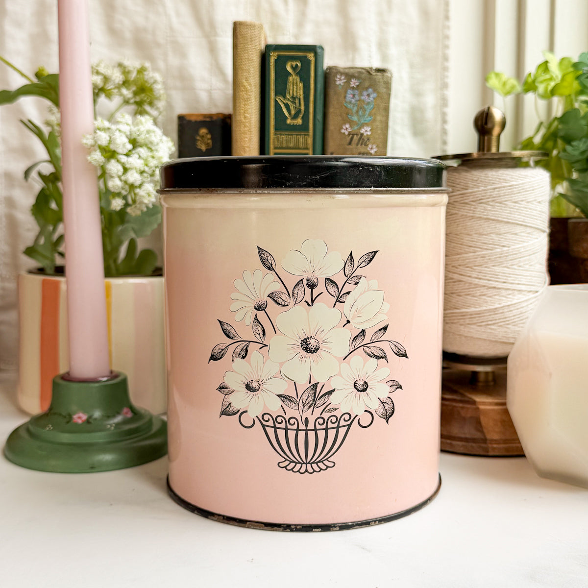 Mid-century Floral Pink Vintage Tin Canister