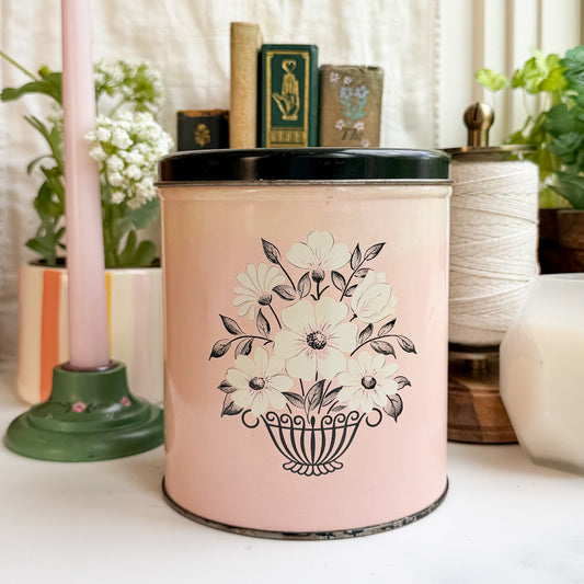 Mid-century Floral Pink Vintage Tin Canister