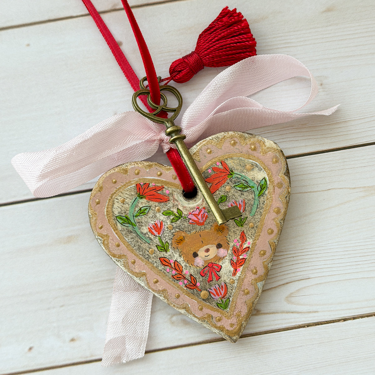 Hand-painted Valentine Heart and Key Ornaments | Choose Style