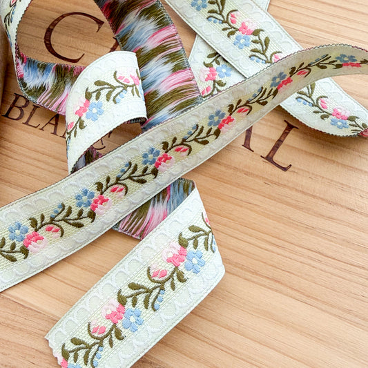 Pink & Blue Floral on Yellow with White Scalloped Border Jacquard Ribbon