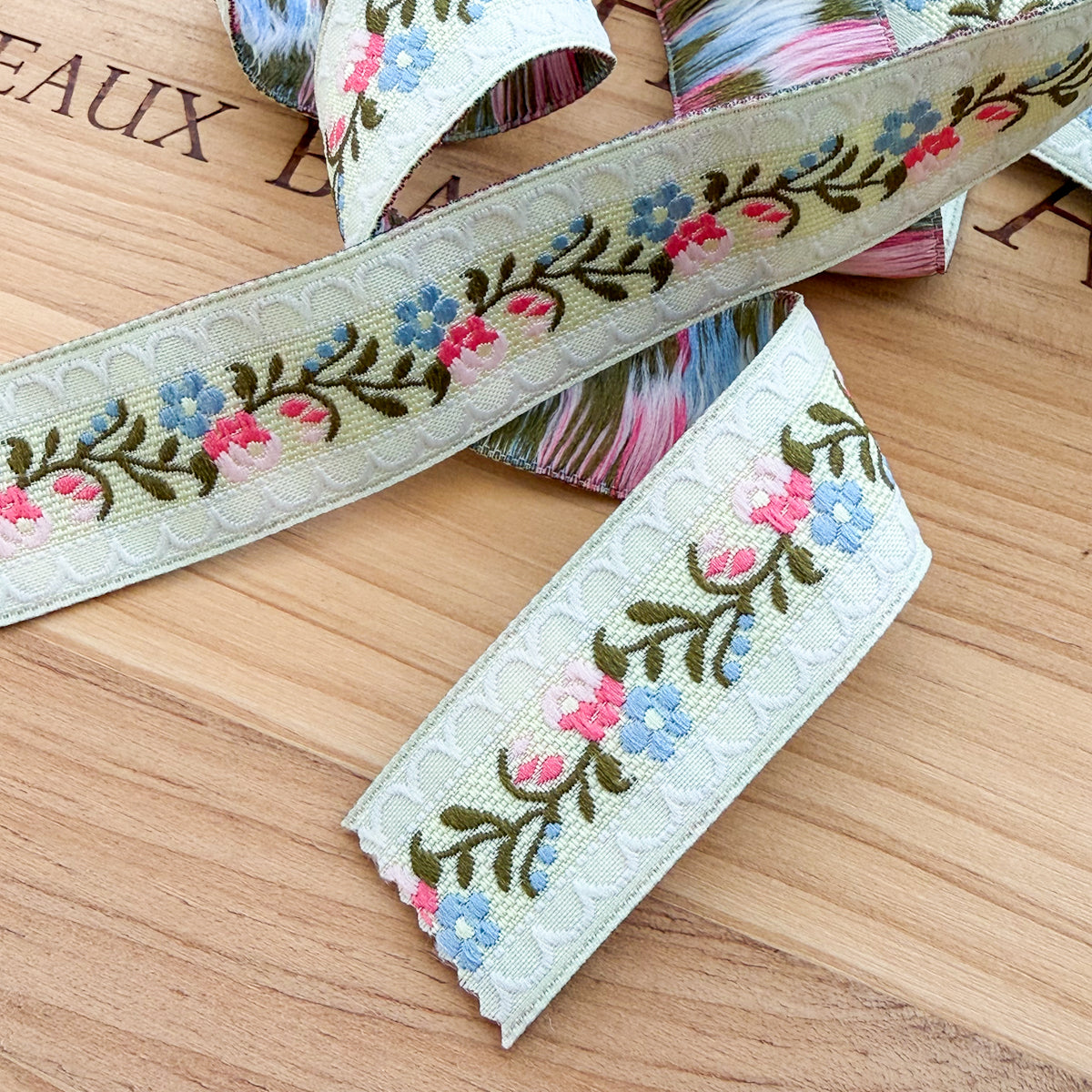 Pink & Blue Floral on Yellow with White Scalloped Border Jacquard Ribbon