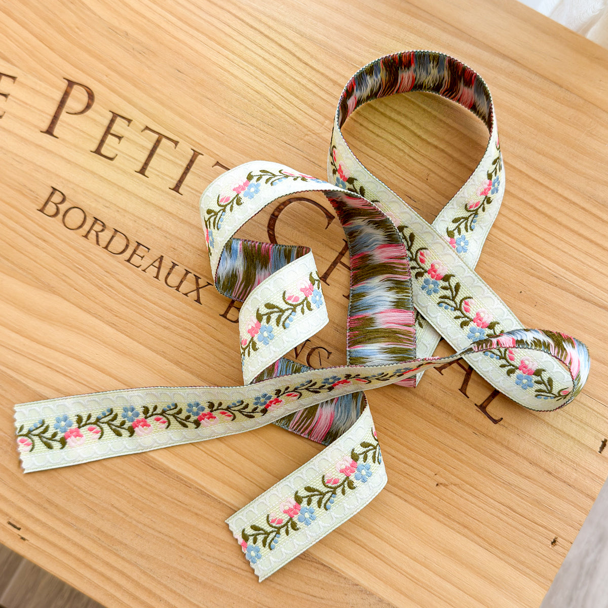 Pink & Blue Floral on Yellow with White Scalloped Border Jacquard Ribbon