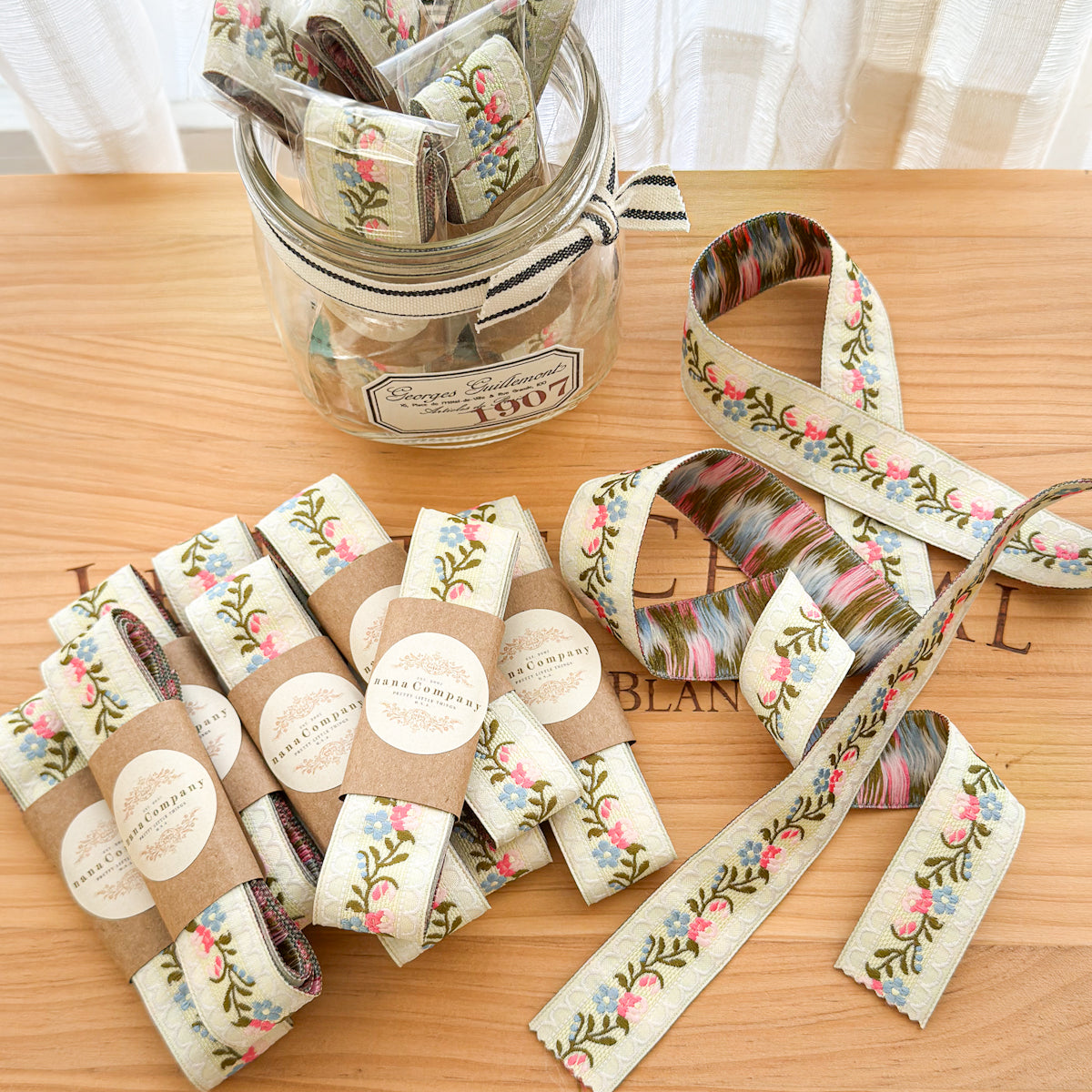 Pink & Blue Floral on Yellow with White Scalloped Border Jacquard Ribbon