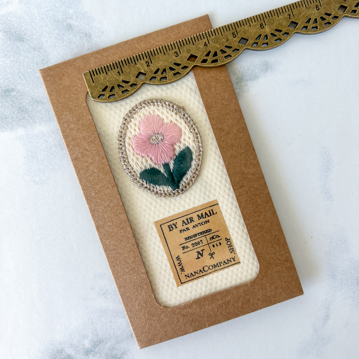 Woolen Pink Flower Golden Edge Sew-on Appliqué Patch