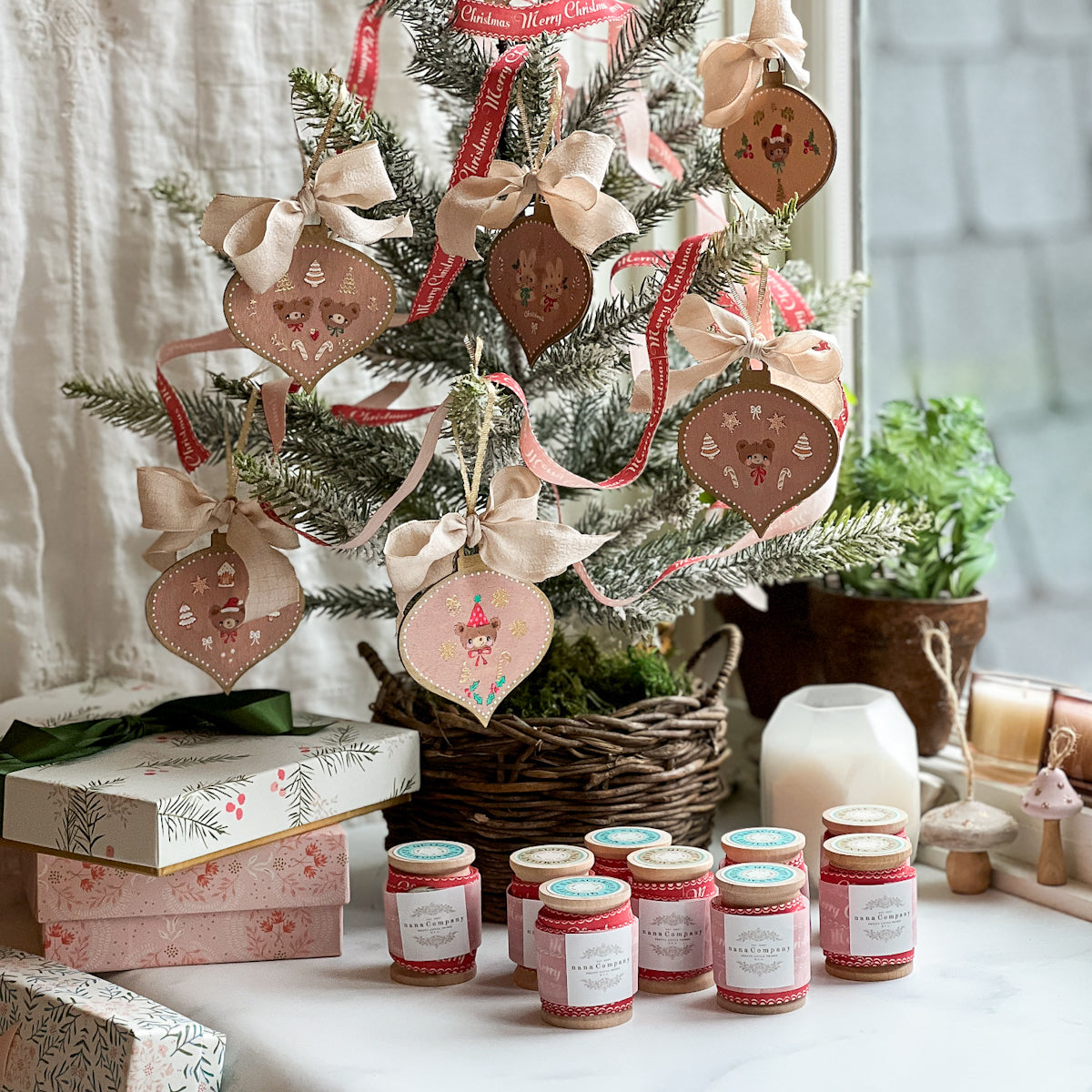 Merry Christmas Printed Cotton Ribbon - nanaCompany Wooden Bobbin | Blue or Green Top