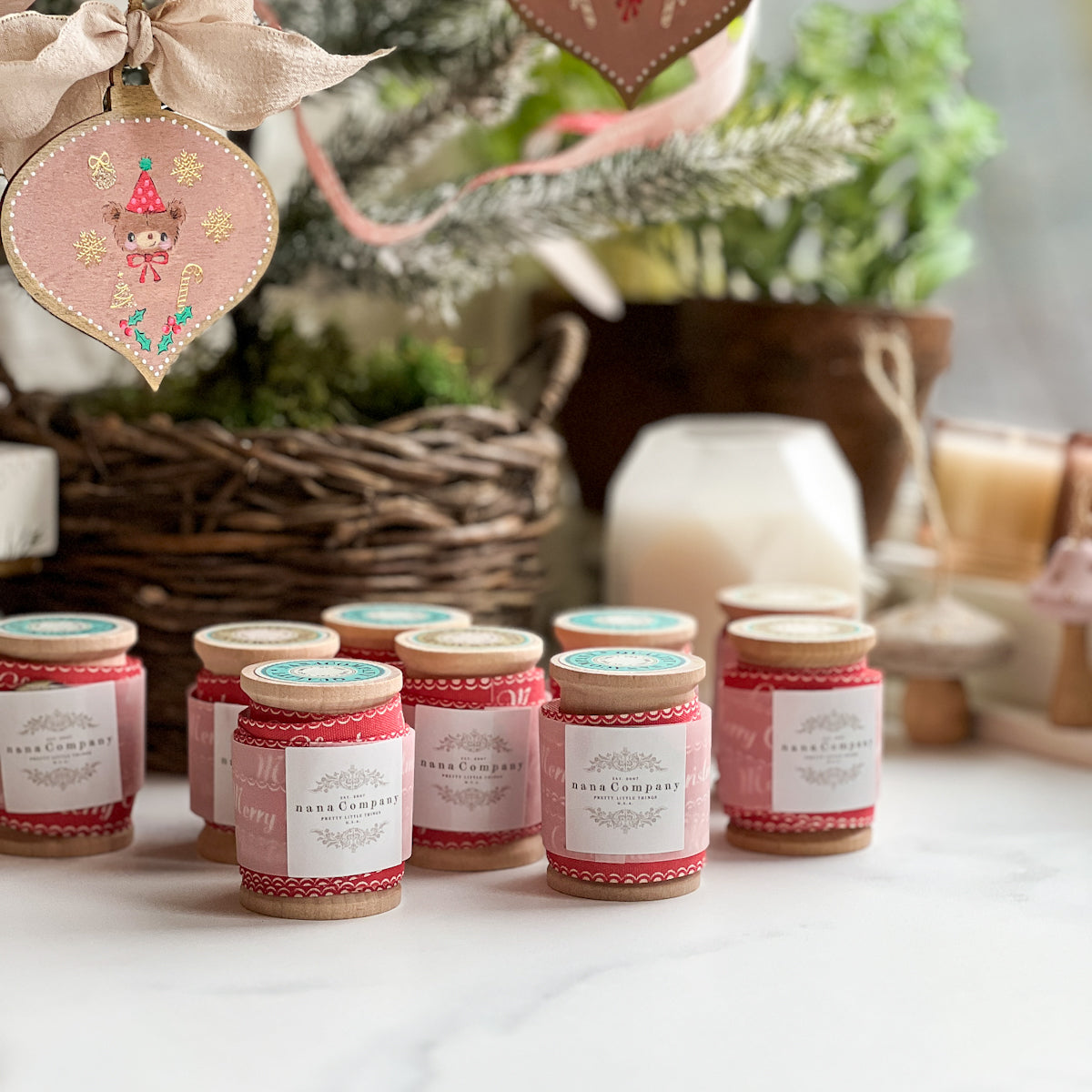 Merry Christmas Printed Cotton Ribbon - nanaCompany Wooden Bobbin | Blue or Green Top