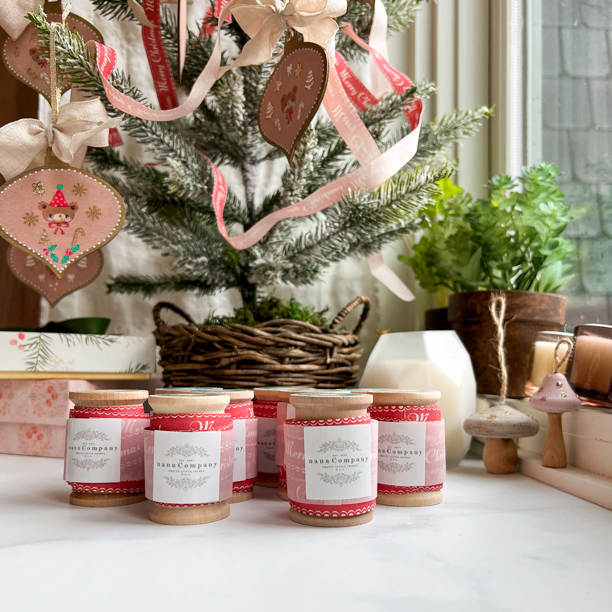 Merry Christmas Printed Cotton Ribbon - nanaCompany Wooden Bobbin | Blue or Green Top