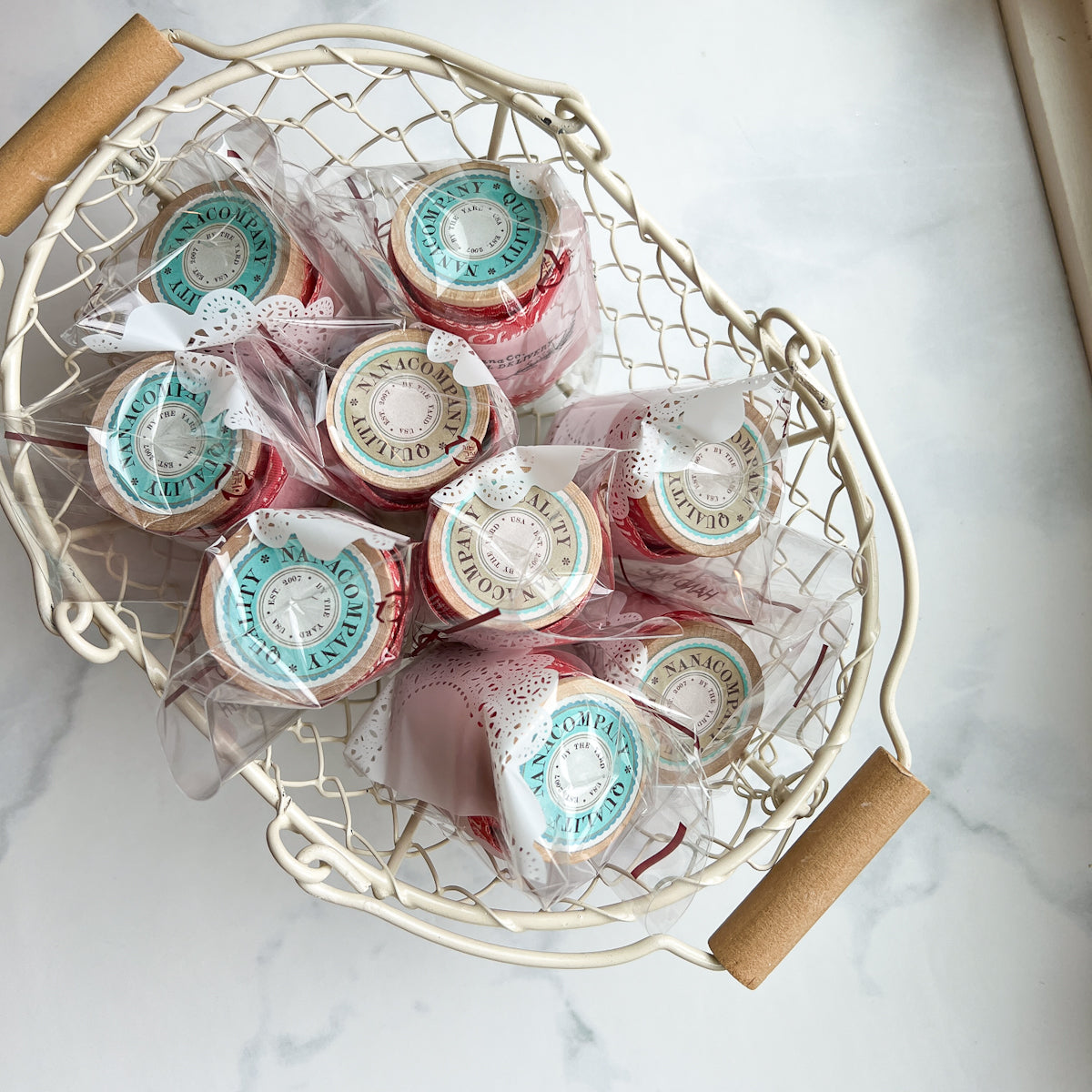 Merry Christmas Printed Cotton Ribbon - nanaCompany Wooden Bobbin | Blue or Green Top