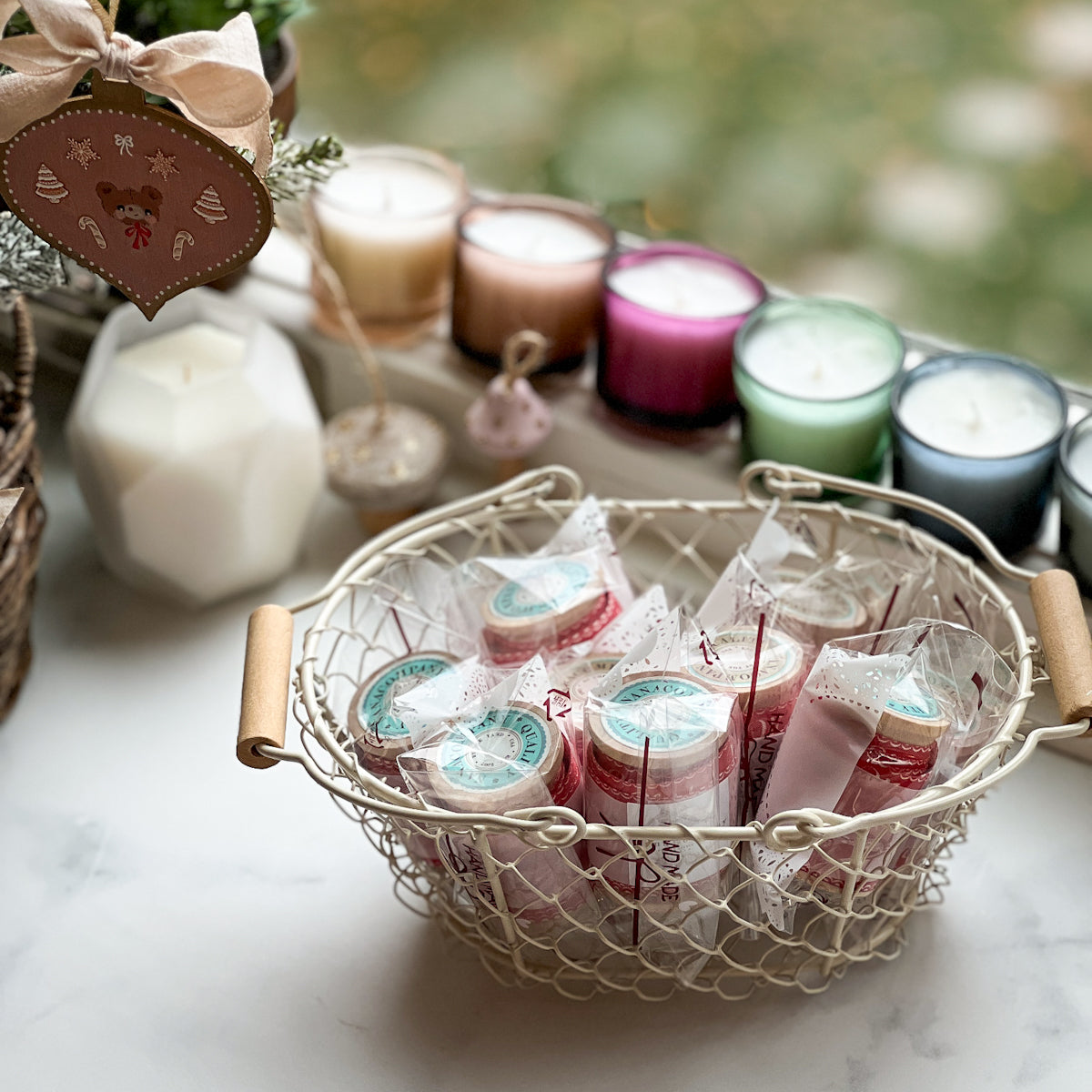 Merry Christmas Printed Cotton Ribbon - nanaCompany Wooden Bobbin | Blue or Green Top