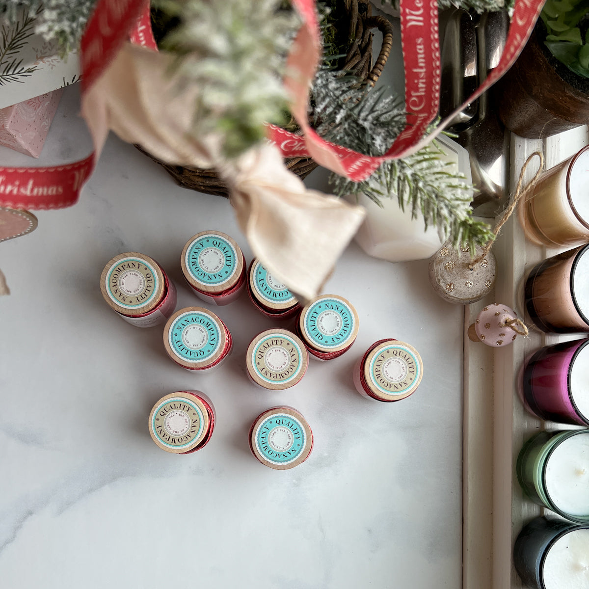 Merry Christmas Printed Cotton Ribbon - nanaCompany Wooden Bobbin | Blue or Green Top