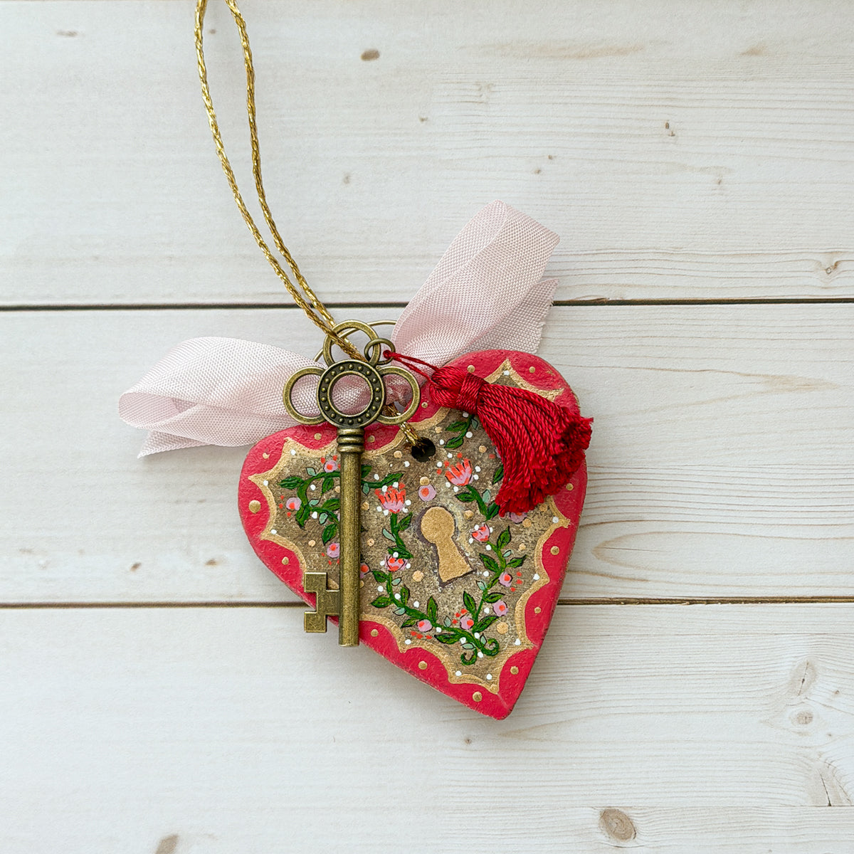Hand-painted Valentine Heart and Key Ornaments | Choose Style
