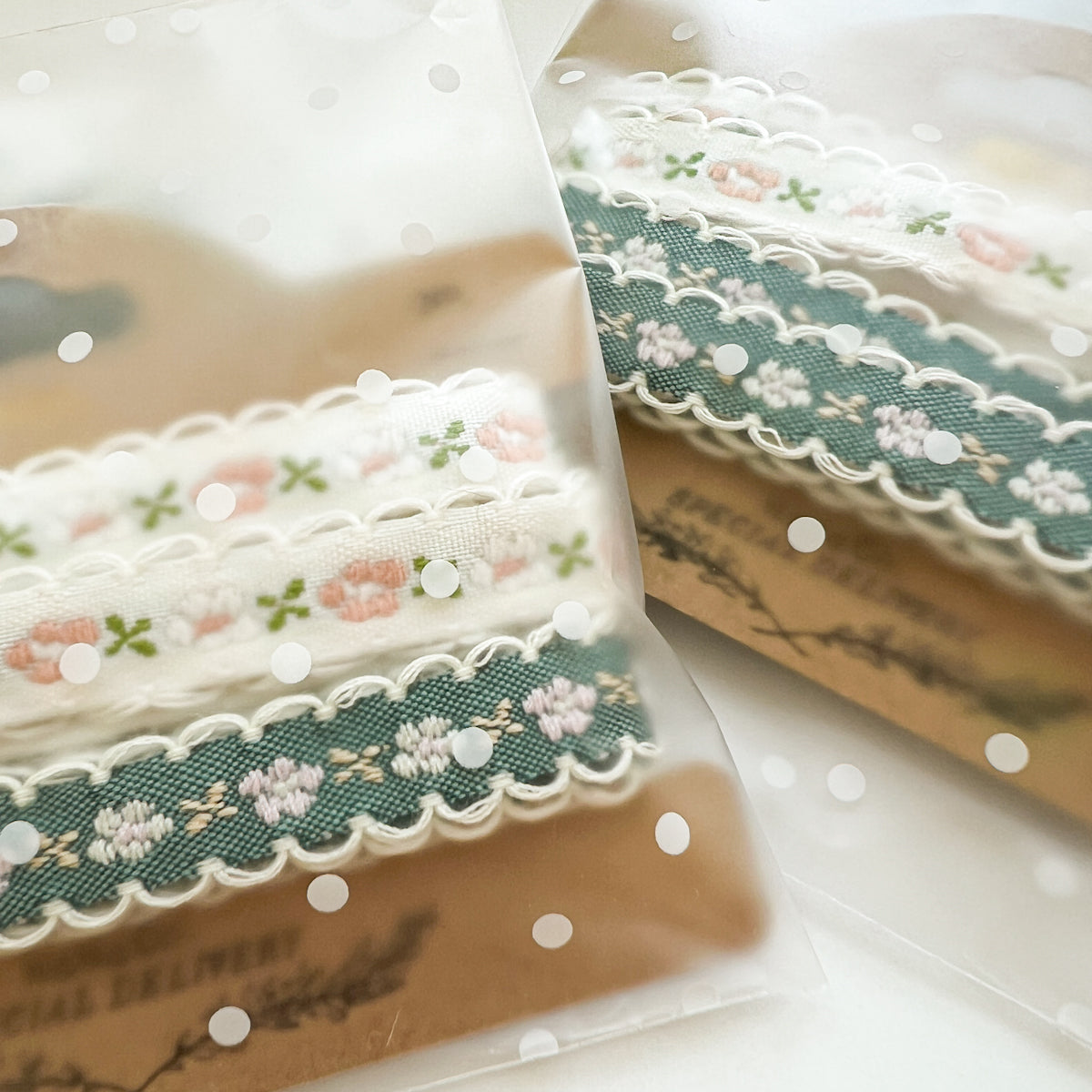 Scalloped Floral Woven Ribbon Duo Kraft Bobbin | Total of Two Yards