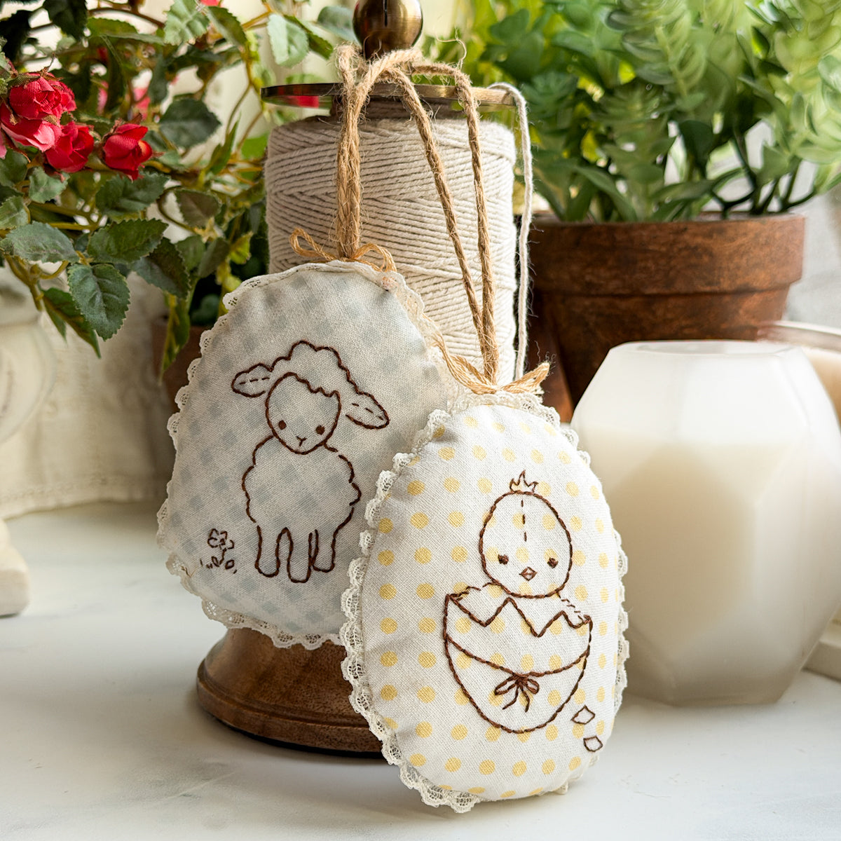 Embroidered Chick & Lamb Ornaments Easter Decor