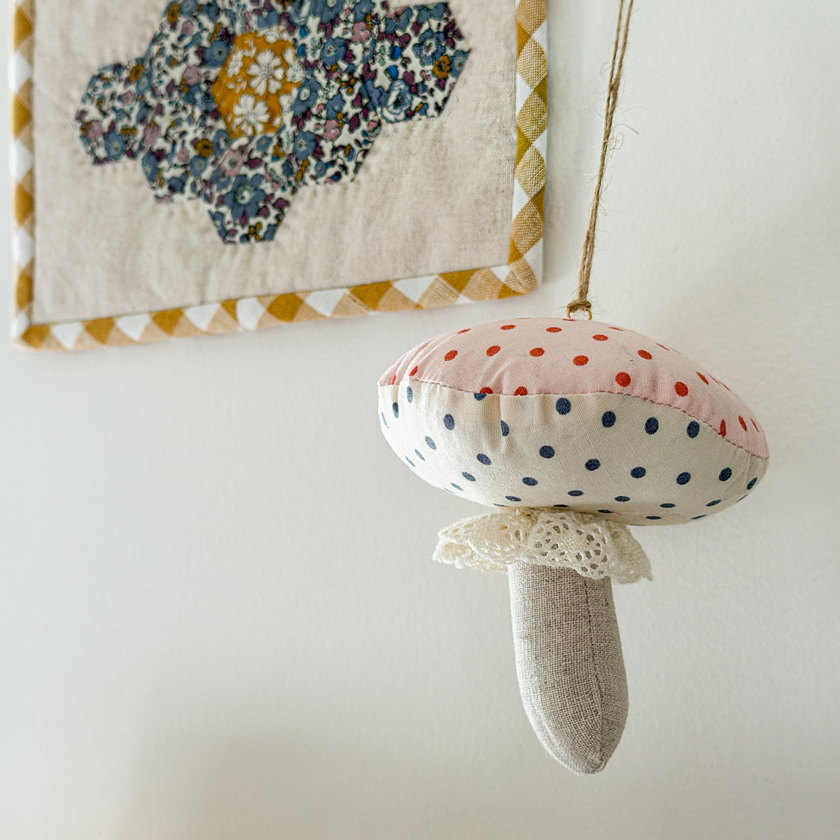 Polka dot + Linen Mushroom Ornament Decor With Hanging Twine