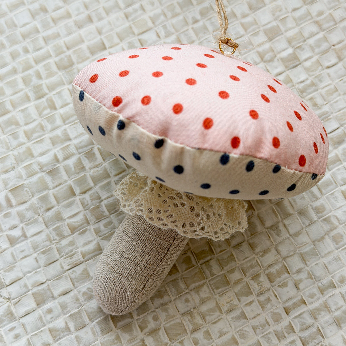 Polka dot + Linen Mushroom Ornament Decor With Hanging Twine
