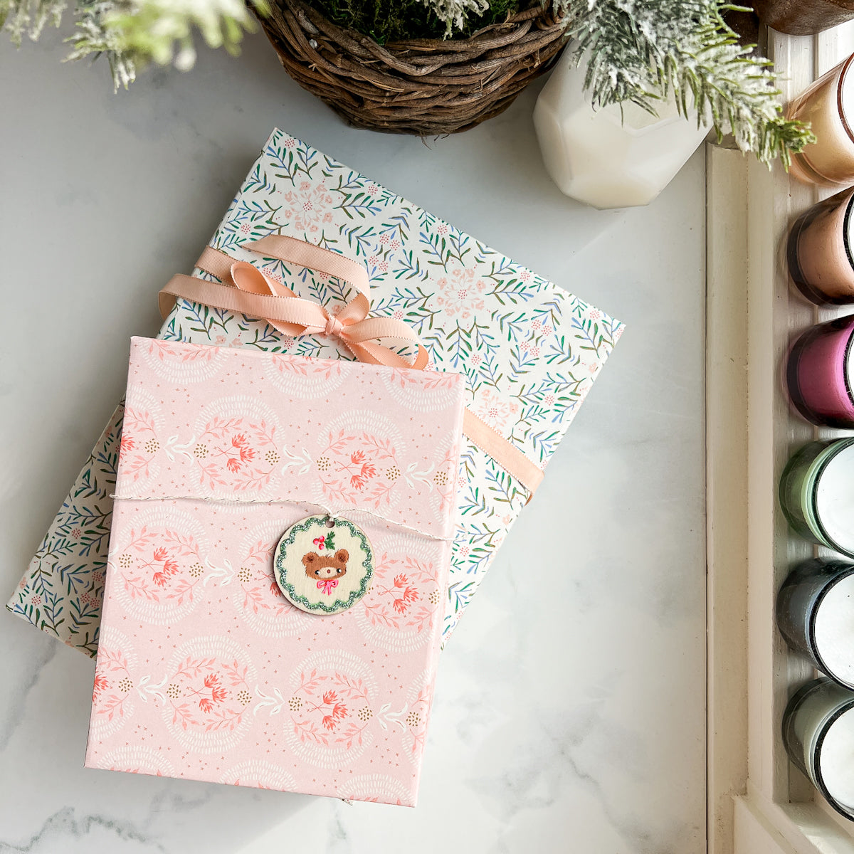 Sparkly Holiday Christmas Bear Hand Painted Round Wood Tag Label Gift Topper Ornament No.2-3