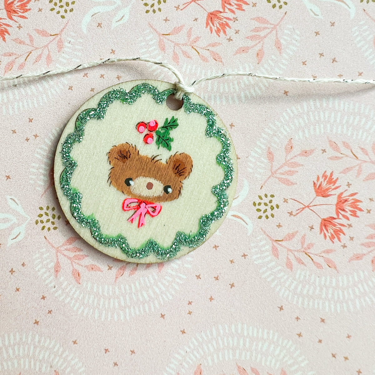 Sparkly Holiday Christmas Bear Hand Painted Round Wood Tag Label Gift Topper Ornament No.2-3