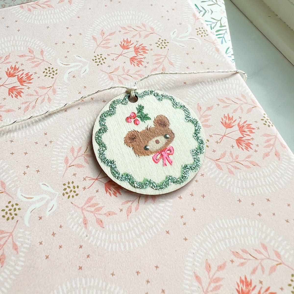 Sparkly Holiday Christmas Bear Hand Painted Round Wood Tag Label Gift Topper Ornament No.2-3