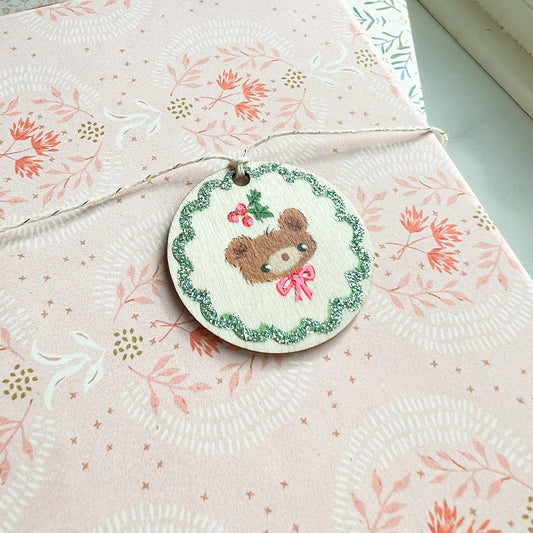 Sparkly Holiday Christmas Bear Hand Painted Round Wood Tag Label Gift Topper Ornament No.2-3