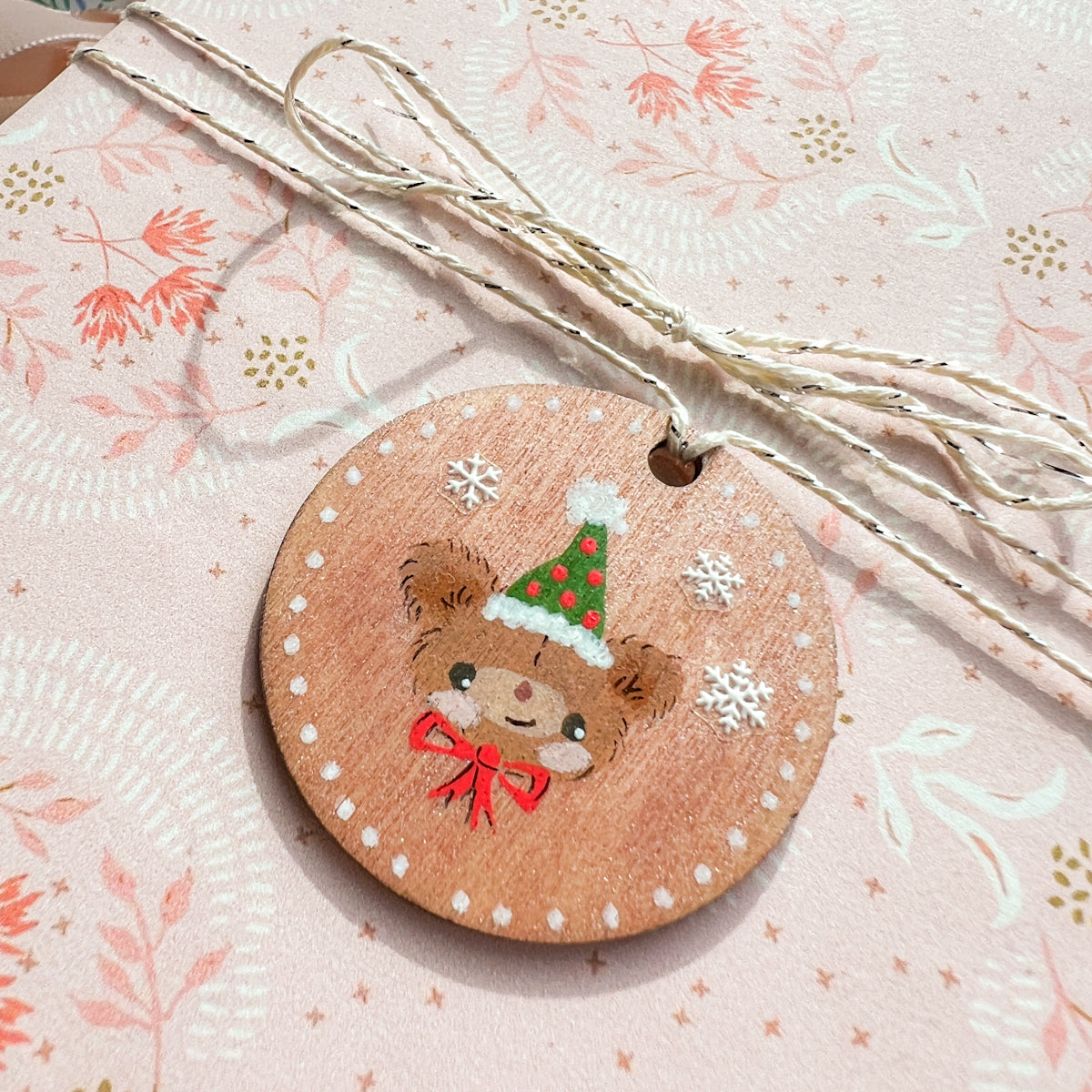 Sparkle Rose Holiday Christmas Bear Hand Painted Round Wood Tag Label Gift Topper Ornament No.5
