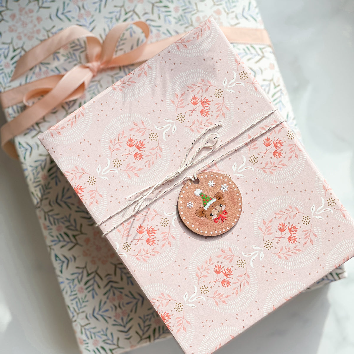 Sparkle Rose Holiday Christmas Bear Hand Painted Round Wood Tag Label Gift Topper Ornament No.5