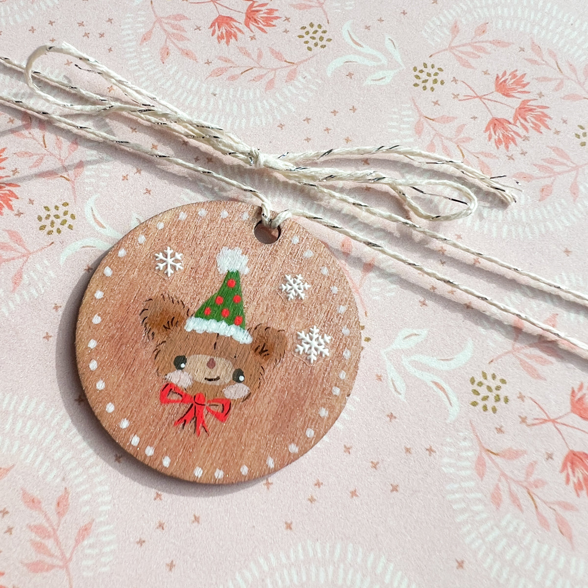 Sparkle Rose Holiday Christmas Bear Hand Painted Round Wood Tag Label Gift Topper Ornament No.5