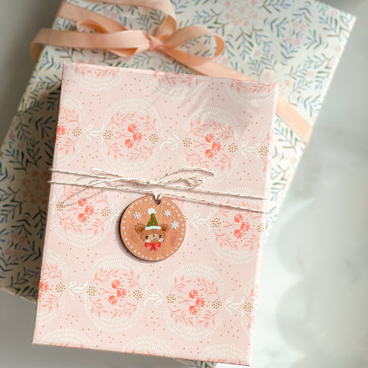 Sparkle Rose Holiday Christmas Bear Hand Painted Round Wood Tag Label Gift Topper Ornament No.5