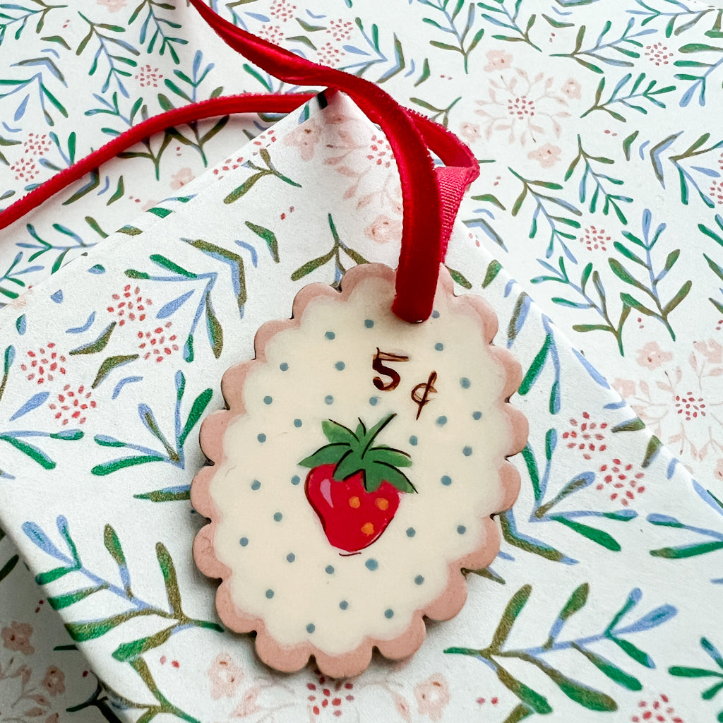 Five Cent Strawberry Hand Painted Wood Tag