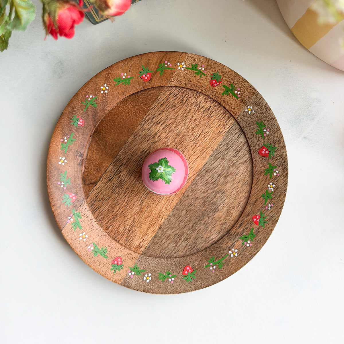 Hand Painted Strawberry Girl Thread Spool Wood Tray | Choose style
