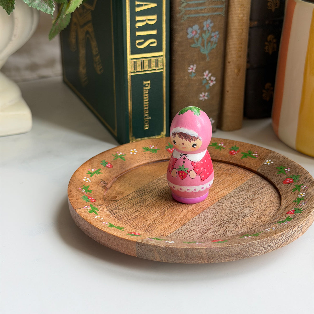 Hand Painted Strawberry Girl Thread Spool Wood Tray | Choose style