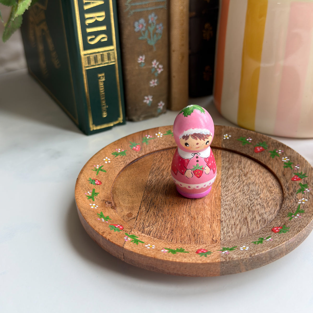 Hand Painted Strawberry Girl Thread Spool Wood Tray | Choose style