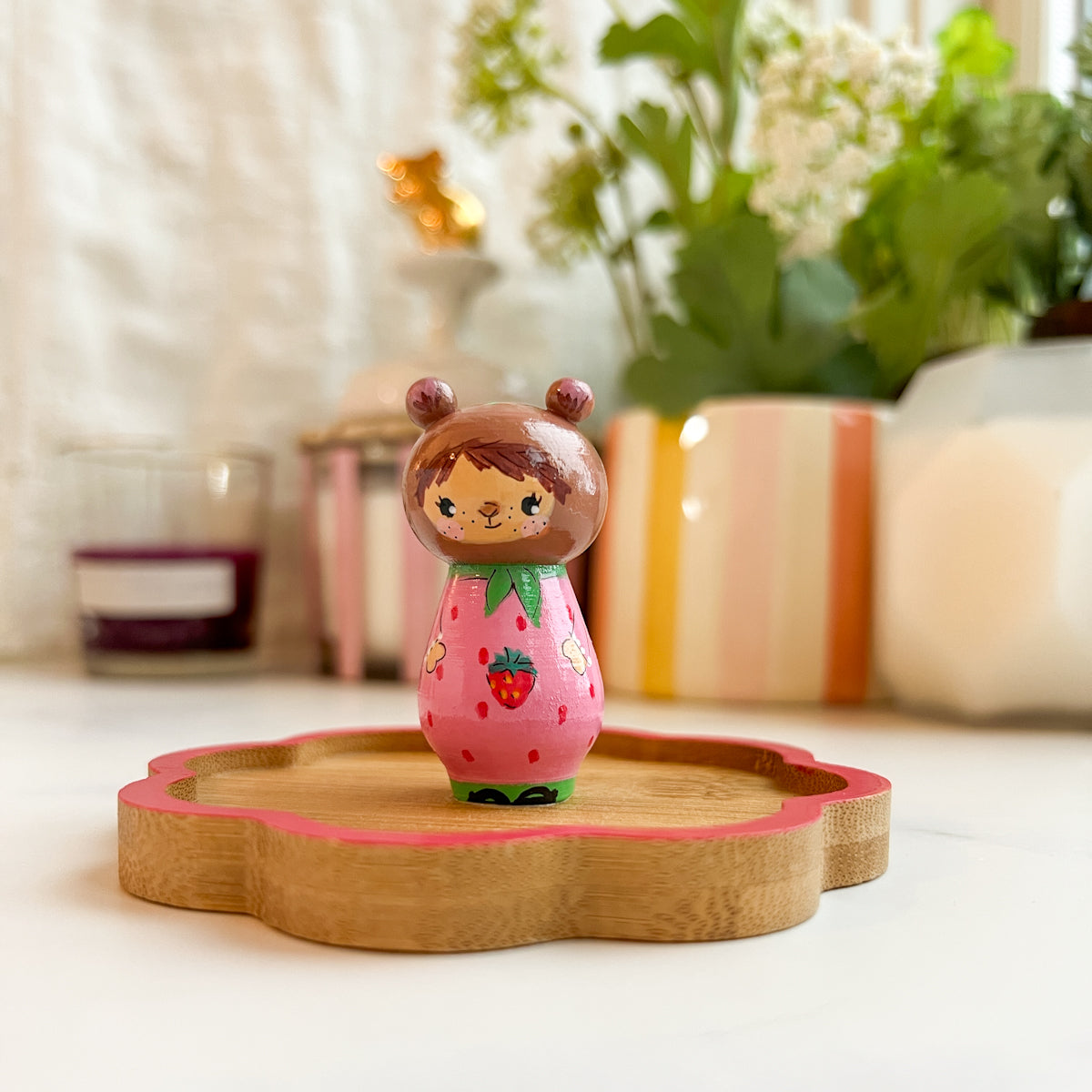 Hand Painted Strawberry/Cherry Girl Thread Spool Wood Tray | Choose No.24, 25, 26