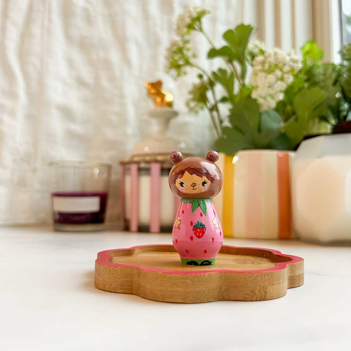 Hand Painted Strawberry/Cherry Girl Thread Spool Wood Tray | Choose No.24, 25, 26