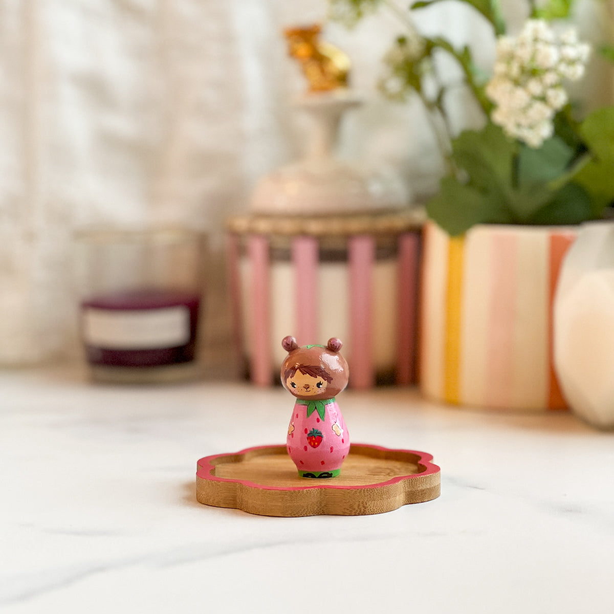 Hand Painted Strawberry/Cherry Girl Thread Spool Wood Tray | Choose No.24, 25, 26