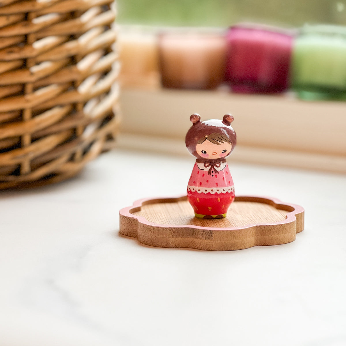 Hand Painted Strawberry/Cherry Girl Thread Spool Wood Tray | Choose Style