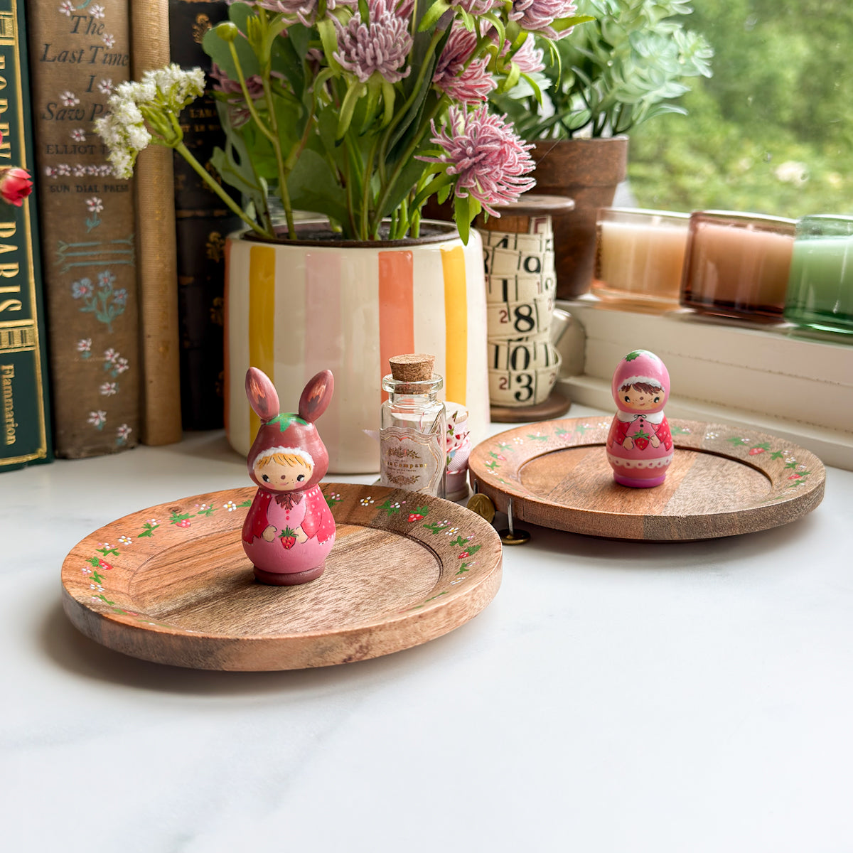 Hand Painted Strawberry Girl Thread Spool Wood Tray | Choose style