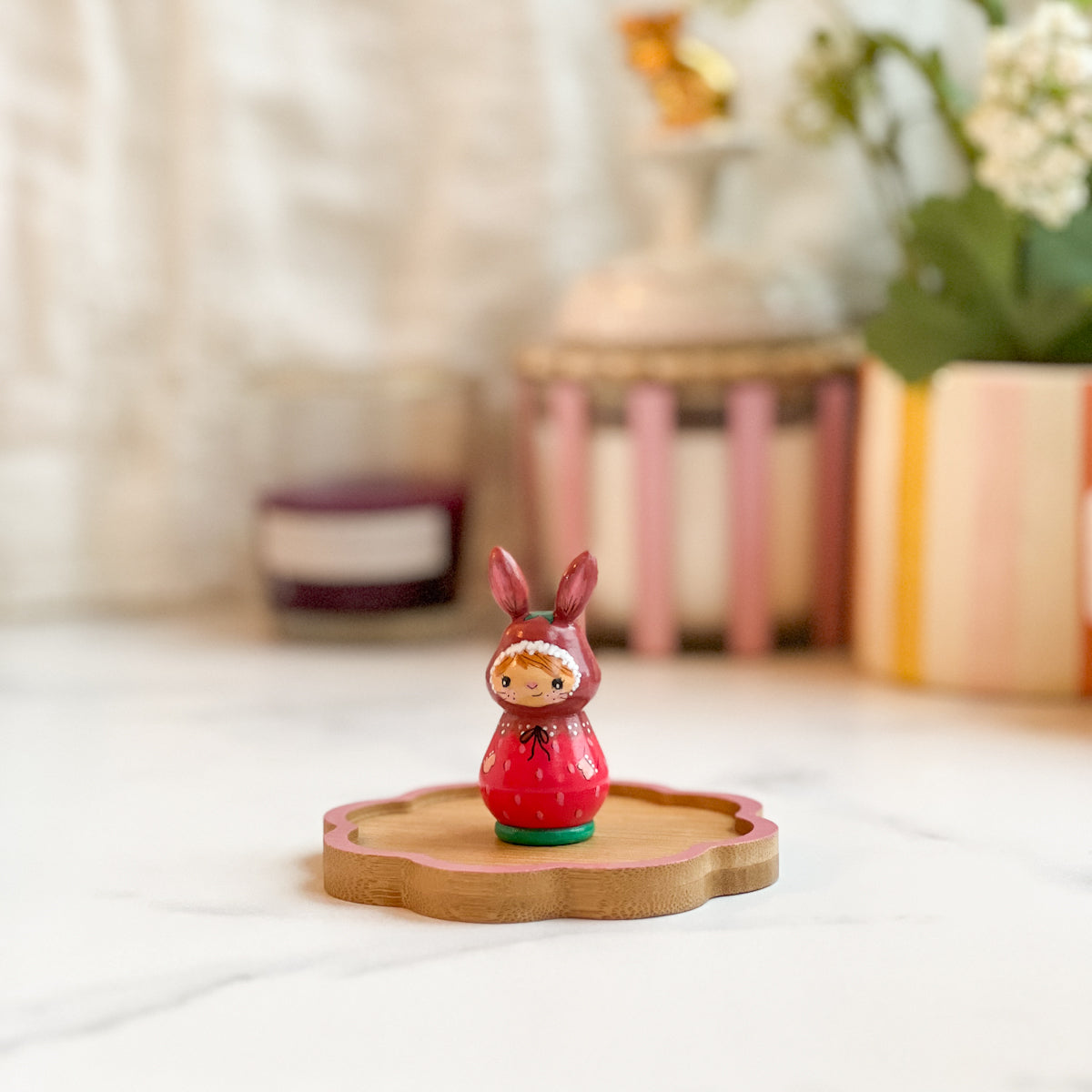 Hand Painted Strawberry/Cherry Girl Thread Spool Wood Tray | Choose No.24, 25, 26