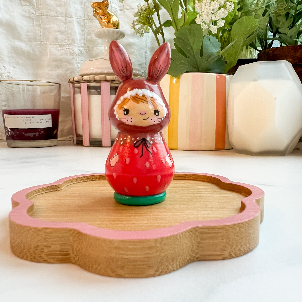 Hand Painted Strawberry/Cherry Girl Thread Spool Wood Tray | Choose No.24, 25, 26